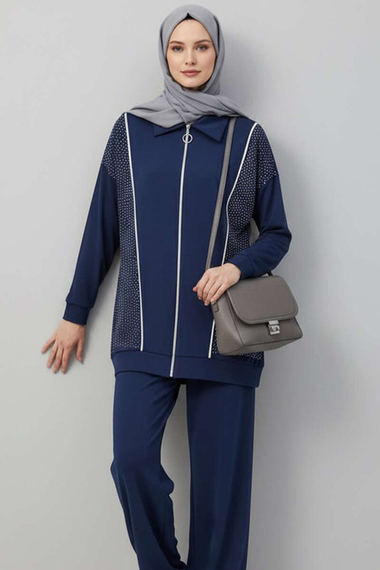 بدلة لويزا ستونيد بسحاب من قطعتين باللون الأزرق الداكن