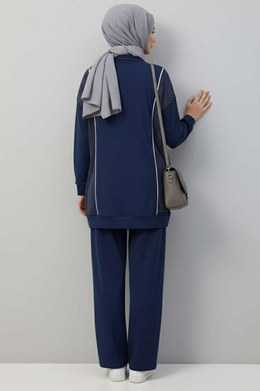 بدلة لويزا ستونيد بسحاب من قطعتين باللون الأزرق الداكن