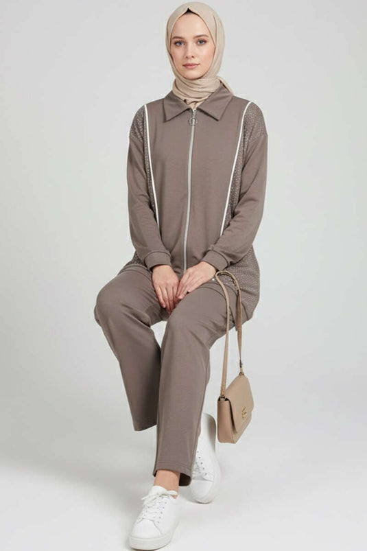 Loyşa Stoned Zippered Two Piece Suit Mink