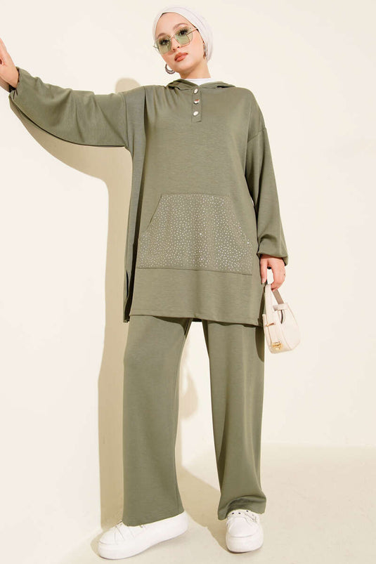 Loyşa Stoned Kangaroo Pocket Two Piece Suit, Almond Green