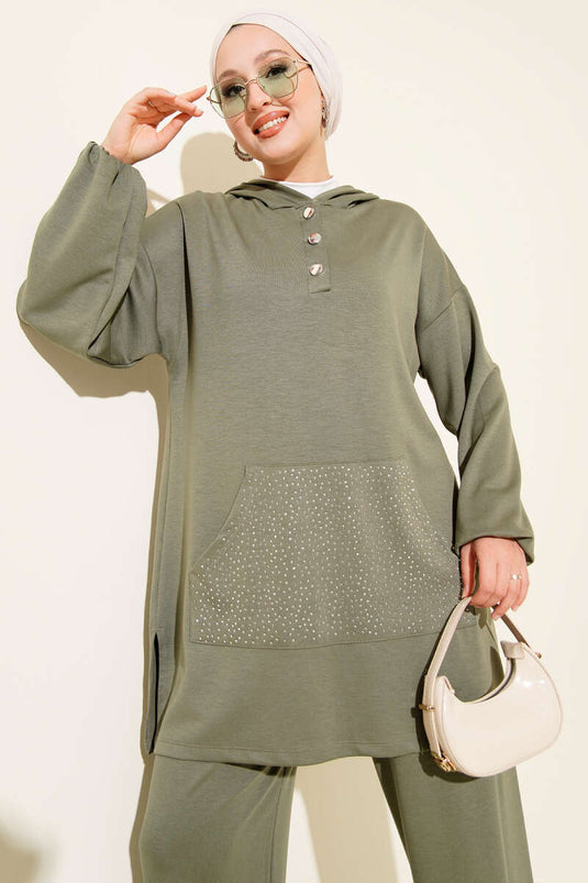 Loyşa Stoned Kangaroo Pocket Two Piece Suit, Almond Green