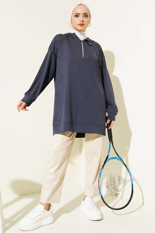 Zippered Tunic with Side Slit in Charcoal