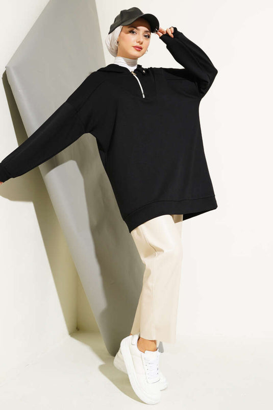 Zippered Tunic with Side Slit Black