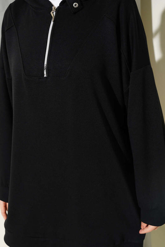 Zippered Tunic with Side Slit Black