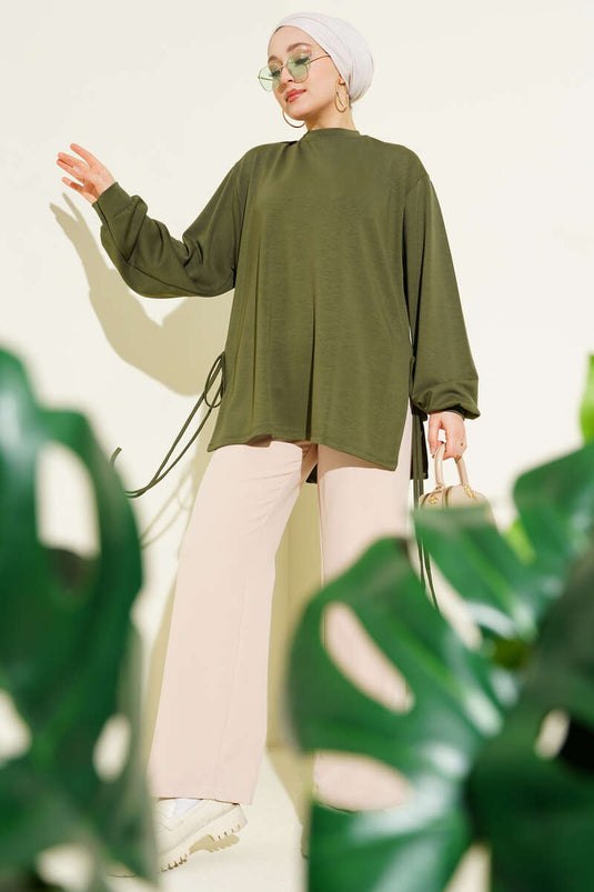 تونيك لويشا بحبل جانبي للتثبيت بلون زيتي