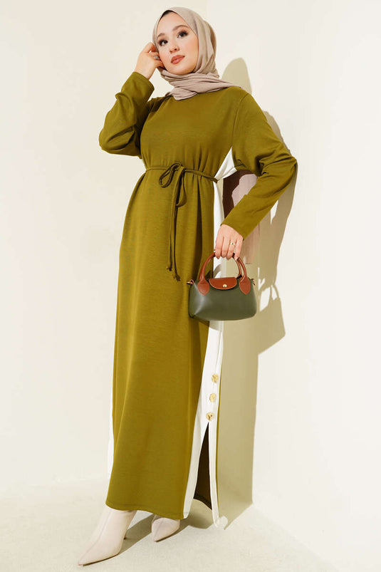 Loyşa Yan Şeritli Elbise Yağ Yeşili