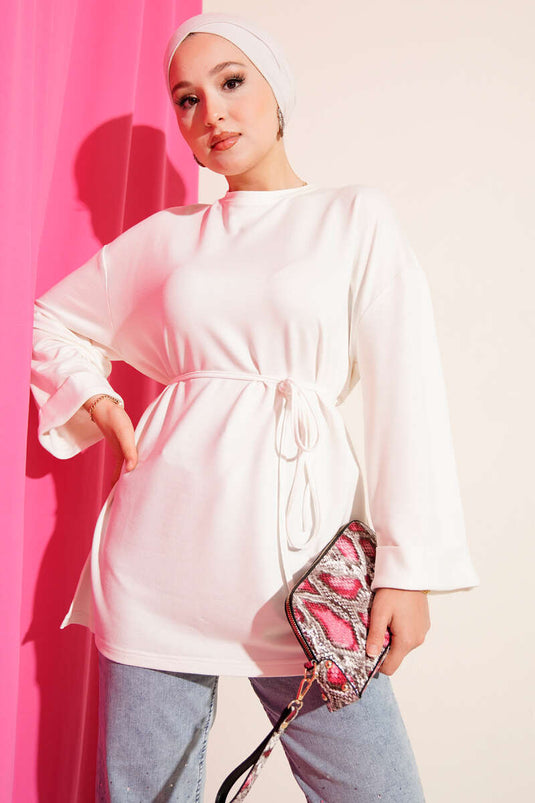 Loyşa Yan Yırtmaçlı Kuşaklı Tunik Ekru