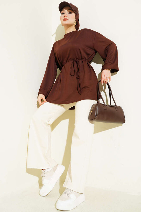 Loyşa Yan Yırtmaçlı Kuşaklı Tunik Kahve