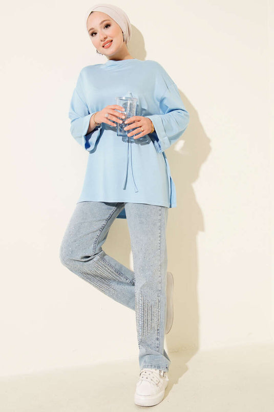 Loyşa Yan Yırtmaçlı Kuşaklı Tunik Mavi