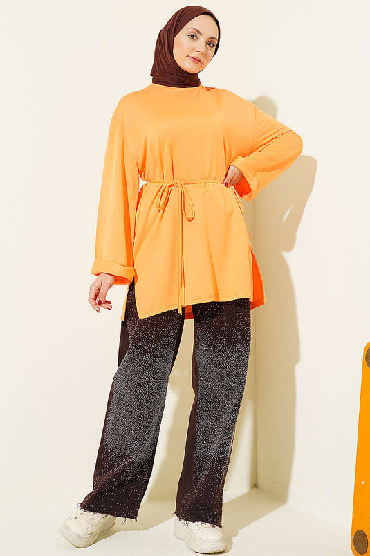 Tunique orange Loyşa avec fente latérale et ceinture