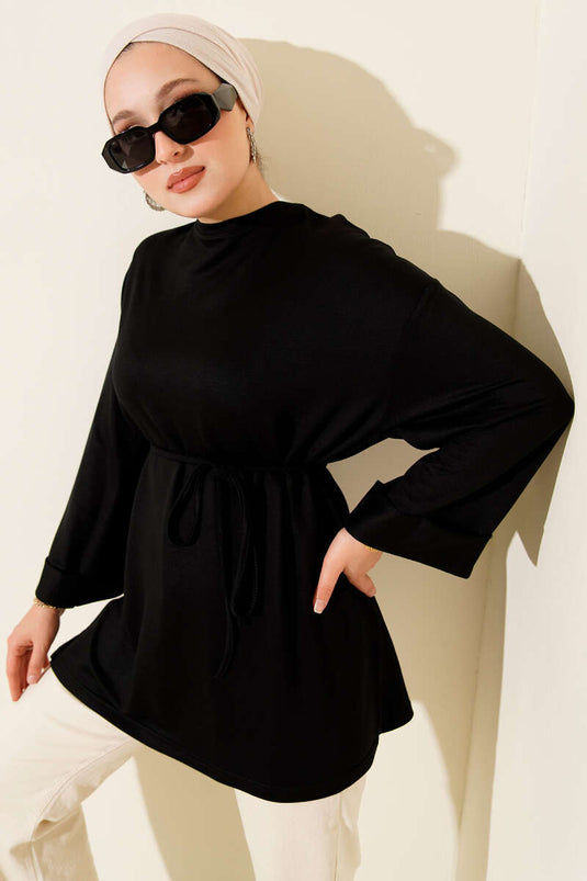 Loyşa Yan Yırtmaçlı Kuşaklı Tunik Siyah