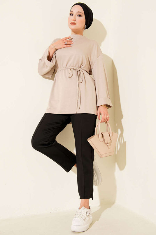 Loyşa Side Slit Belted Tunic Stone