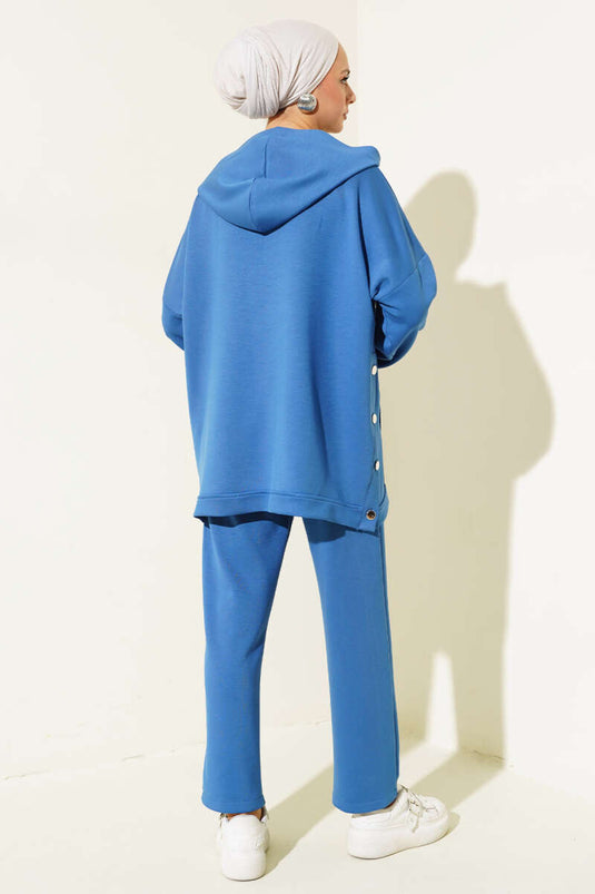 Indigo Two-Piece Set with Buttoned Cardigan on the Sides