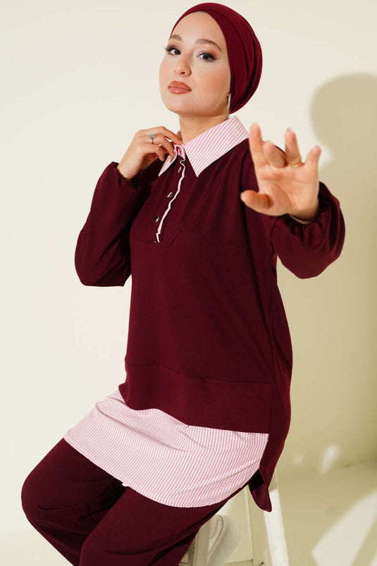 Loyşa Half Snap Button Striped Garnished Two Piece Suit Burgundy