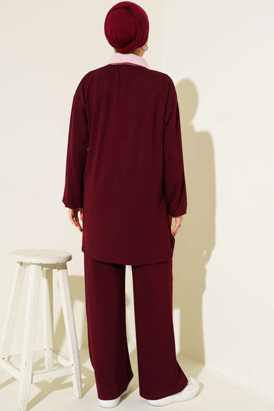 Loyşa Half Snap Button Striped Garnished Two Piece Suit Burgundy