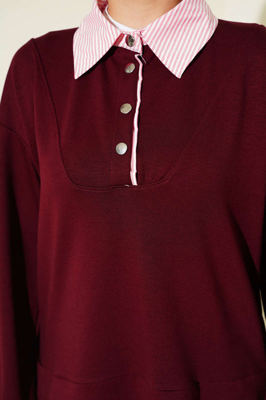 Loyşa Half Snap Button Striped Garnished Two Piece Suit Burgundy