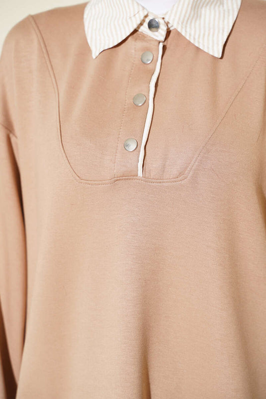 Loyşa Yarım Çıtçıtlı Çizgi Garnili İkili Takım Latte