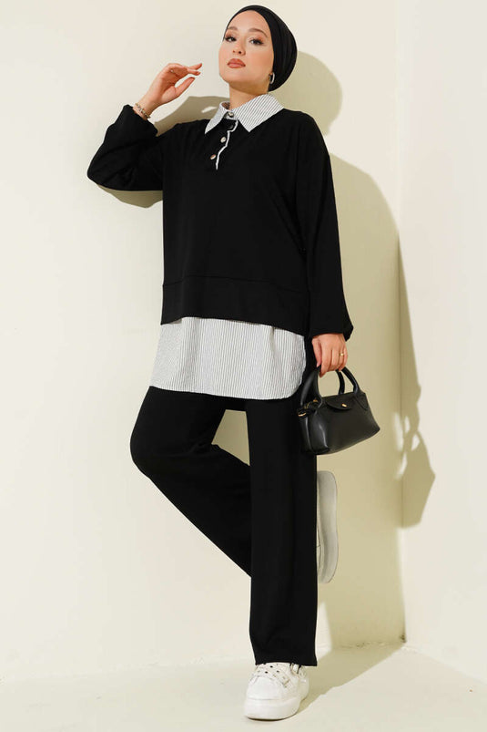 Loyşa Half Snap Button Striped Garnished Two Piece Suit Black