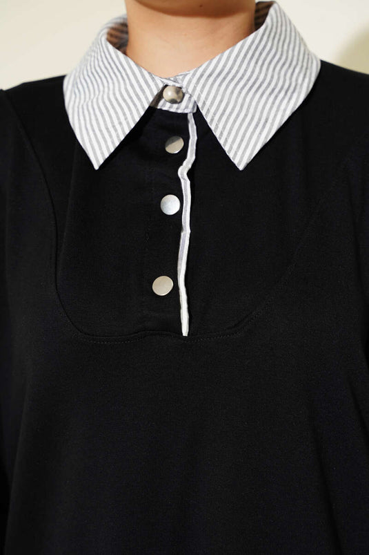 Loyşa Half Snap Button Striped Garnished Two Piece Suit Black