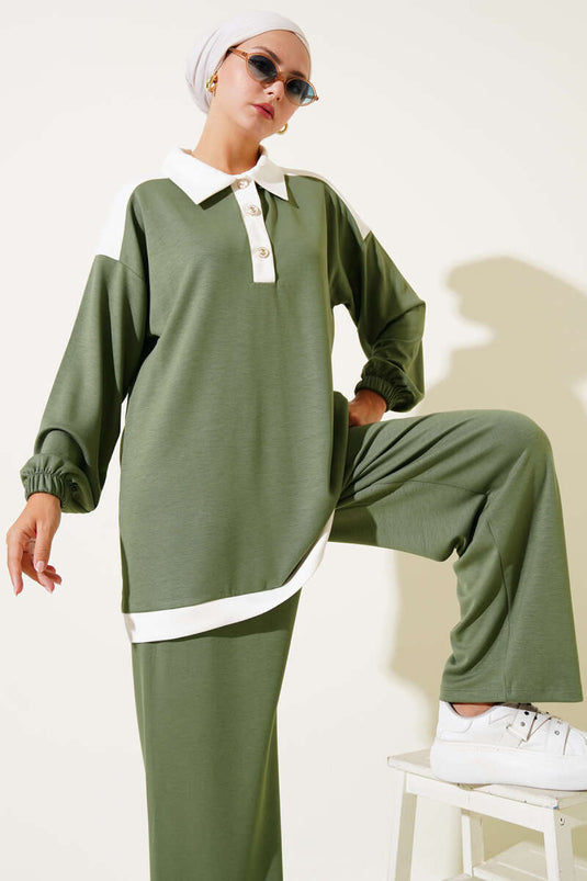 Loyşa Yarım Düğmeli Şerit Detaylı İkili Takım Çağla Yeşili
