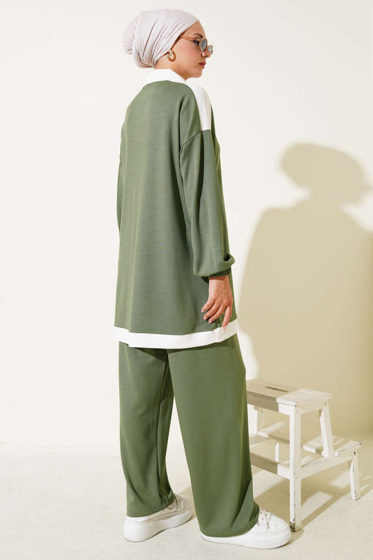 Loyşa Yarım Düğmeli Şerit Detaylı İkili Takım Çağla Yeşili
