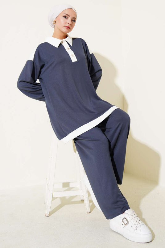 Loyşa Yarım Düğmeli Şerit Detaylı İkili Takım Füme