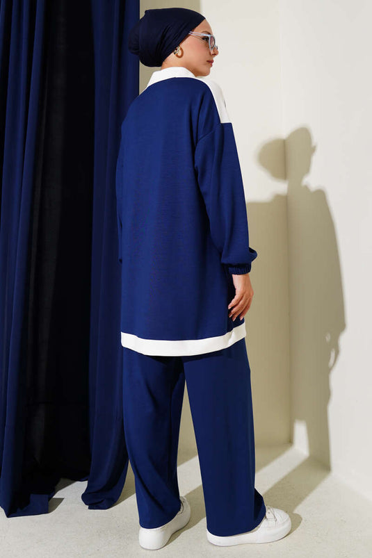 Loyşa Yarım Düğmeli Şerit Detaylı İkili Takım Lacivert