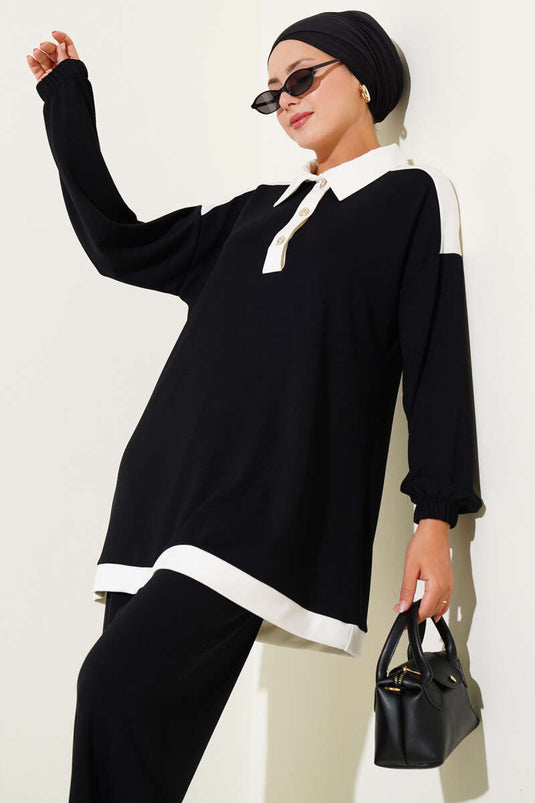 Loyşa Yarım Düğmeli Şerit Detaylı İkili Takım Siyah