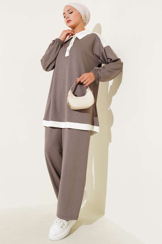 Loyşa Half Buttoned Stripe Detailed Two Piece Suit Mink