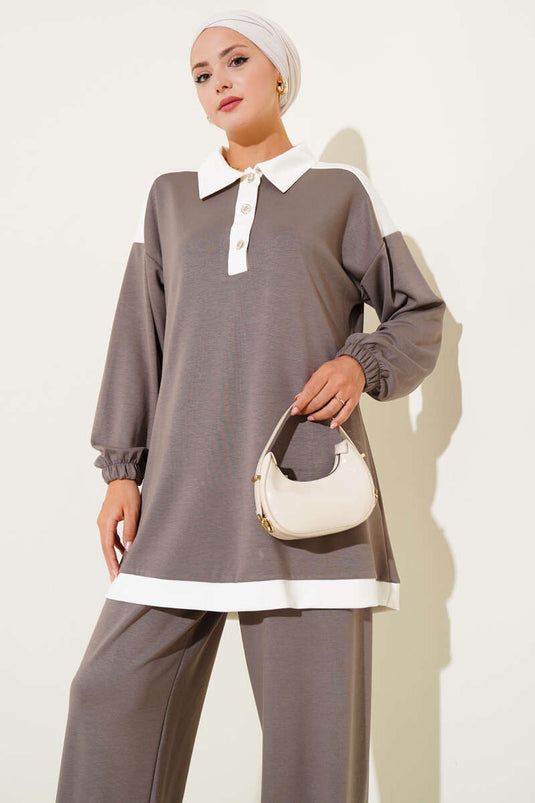 Loyşa Half Buttoned Stripe Detailed Two Piece Suit Mink