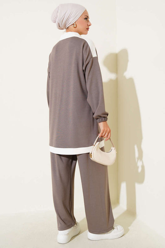 Loyşa Half Buttoned Stripe Detailed Two Piece Suit Mink