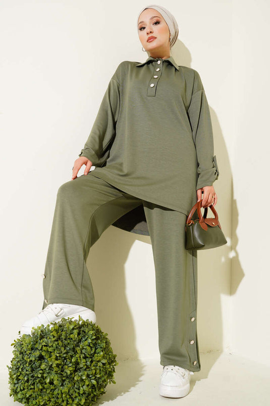 Loyşa Half Buttoned Tunic Two Piece Set Almond Green