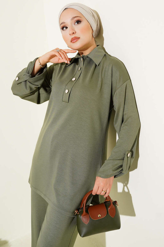 Loyşa Half Buttoned Tunic Two Piece Set Almond Green