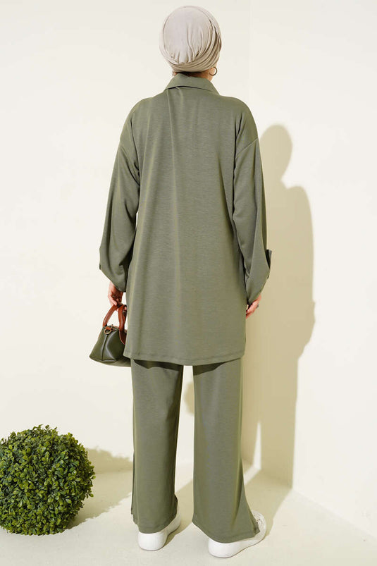 Loyşa Half Buttoned Tunic Two Piece Set Almond Green