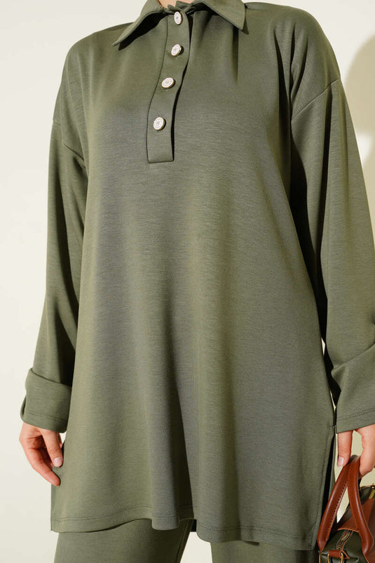 Loyşa Half Buttoned Tunic Two Piece Set Almond Green