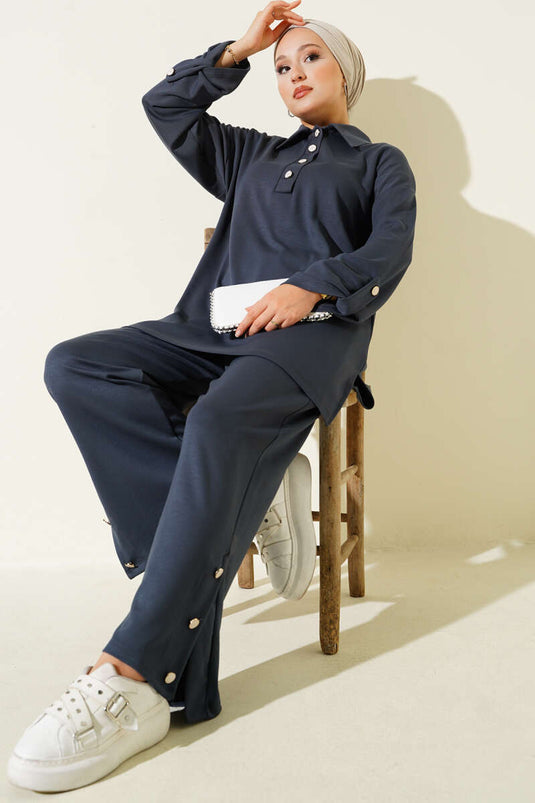 Loyşa Half Buttoned Tunic Two Piece Suit Smoke