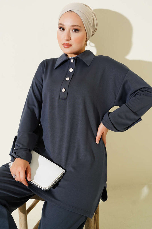 Loyşa Half Buttoned Tunic Two Piece Suit Smoke