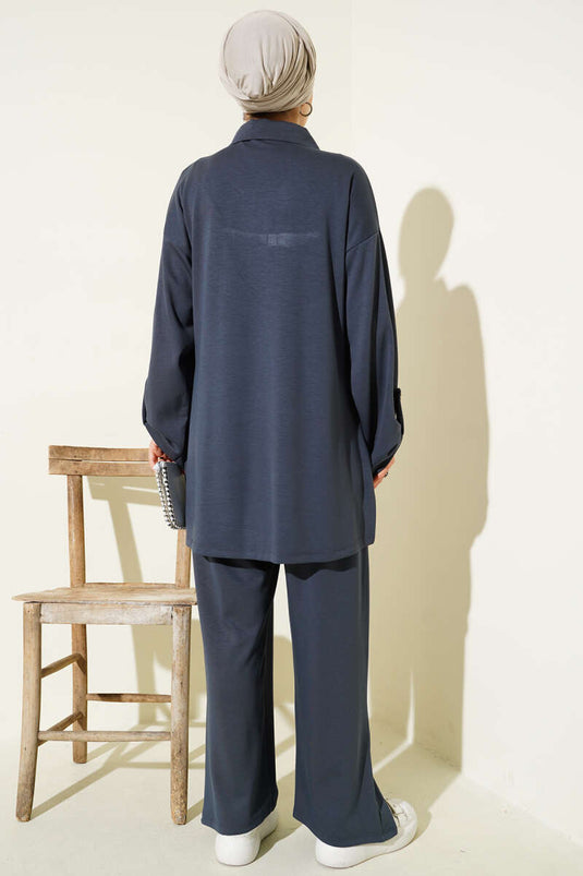 Loyşa Half Buttoned Tunic Two Piece Suit Smoke