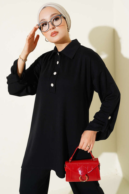 Loyşa Yarım Düğmeli Tunik İkili Takım Siyah