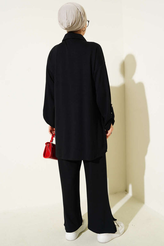 Loyşa Yarım Düğmeli Tunik İkili Takım Siyah