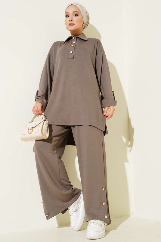 Loyşa Yarım Düğmeli Tunik İkili Takım Vizon