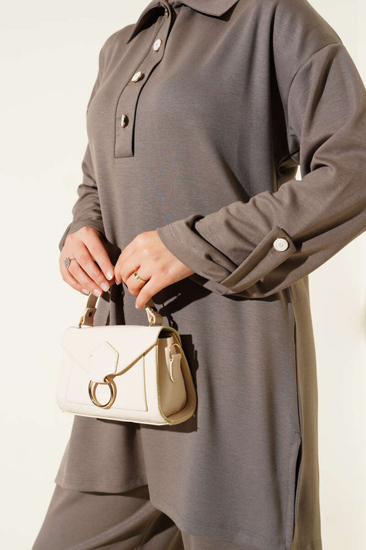 Loyşa Yarım Düğmeli Tunik İkili Takım Vizon