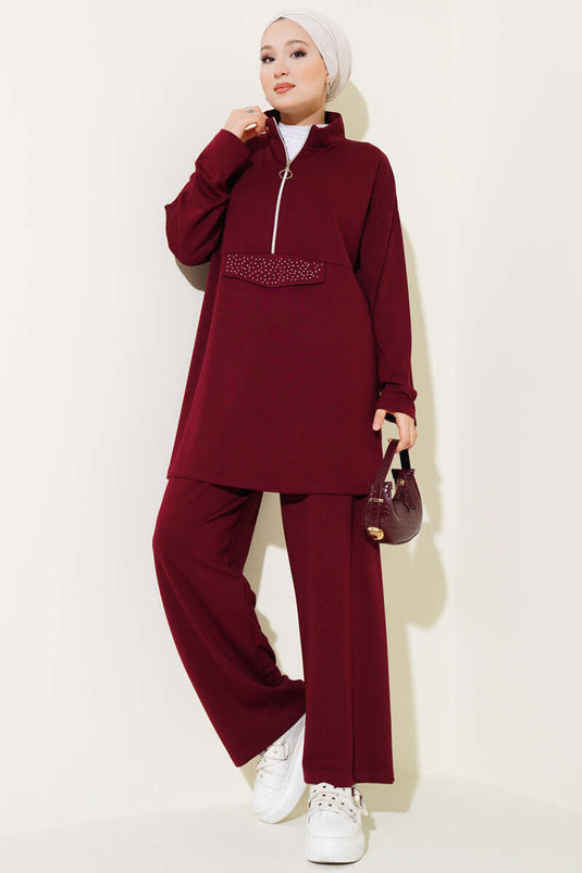 Loyşa Half Zippered Stoned Two Piece Suit Burgundy