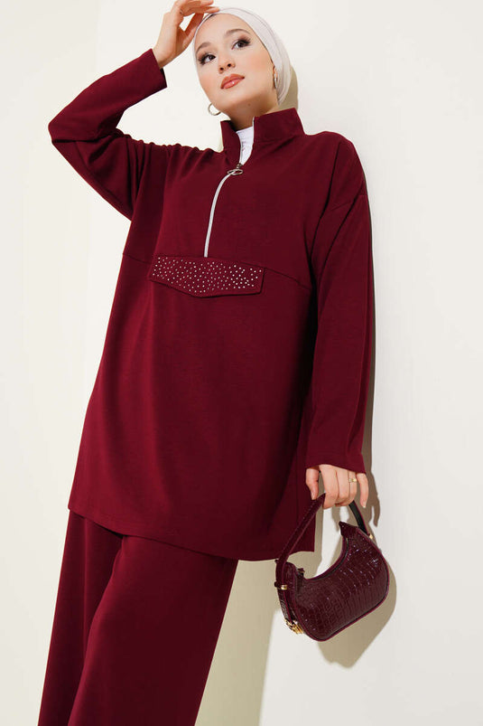 Loyşa Half Zippered Stoned Two Piece Suit Burgundy