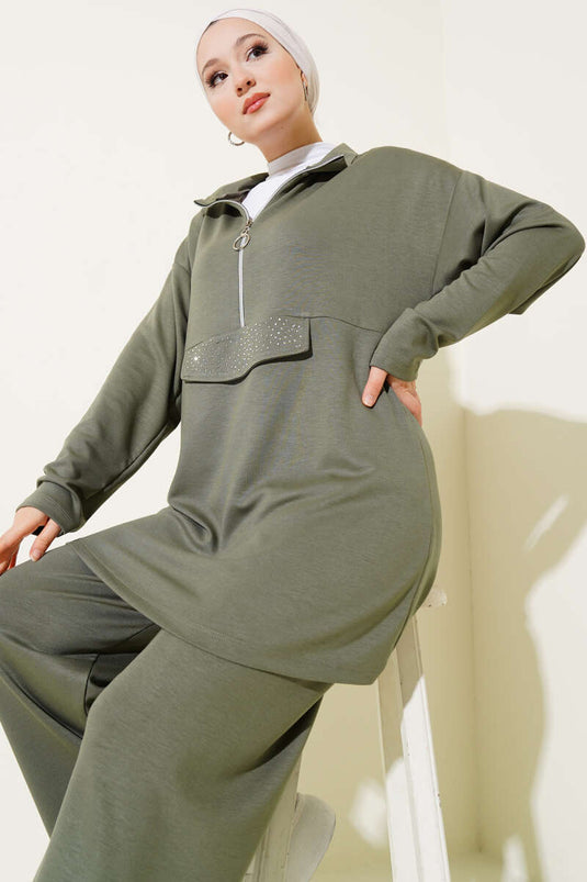 Loyşa Yarım Fermuarlı Taşlı İkili Takım Çağla Yeşili