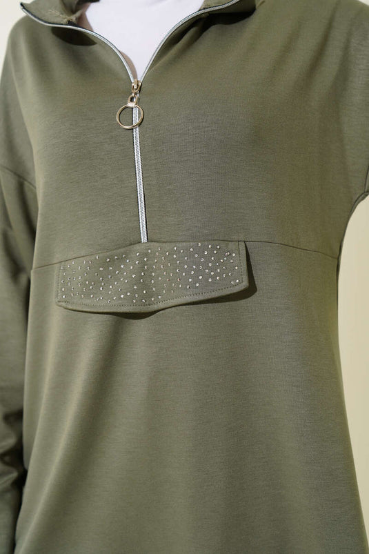 Loyşa Yarım Fermuarlı Taşlı İkili Takım Çağla Yeşili