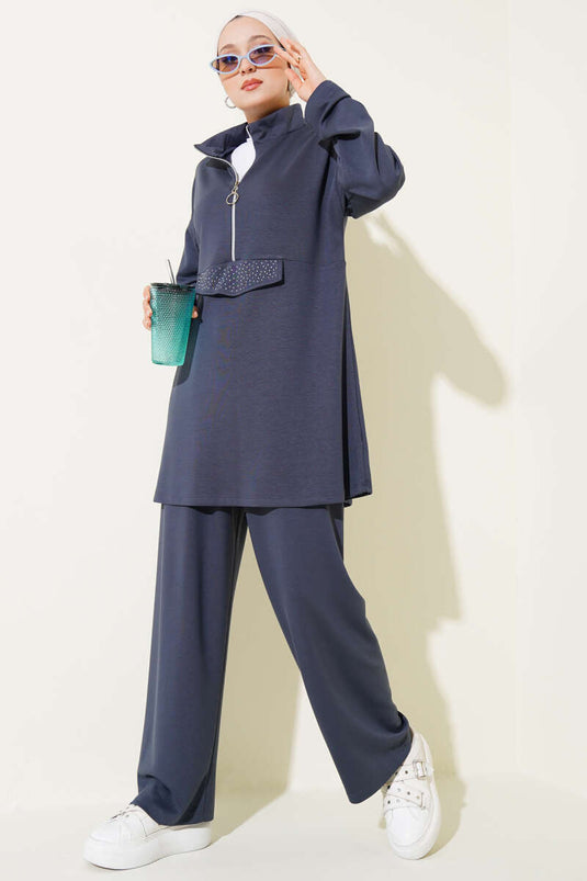 Loyşa Yarım Fermuarlı Taşlı İkili Takım Füme