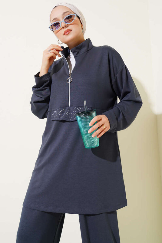 Loyşa Yarım Fermuarlı Taşlı İkili Takım Füme