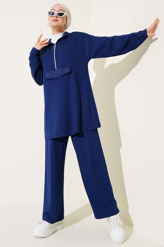 Loyşa Half Zippered Stoned Two Piece Suit Navy Blue