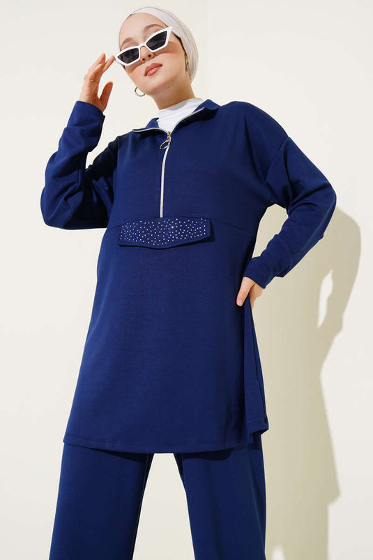 Loyşa Half Zippered Stoned Two Piece Suit Navy Blue